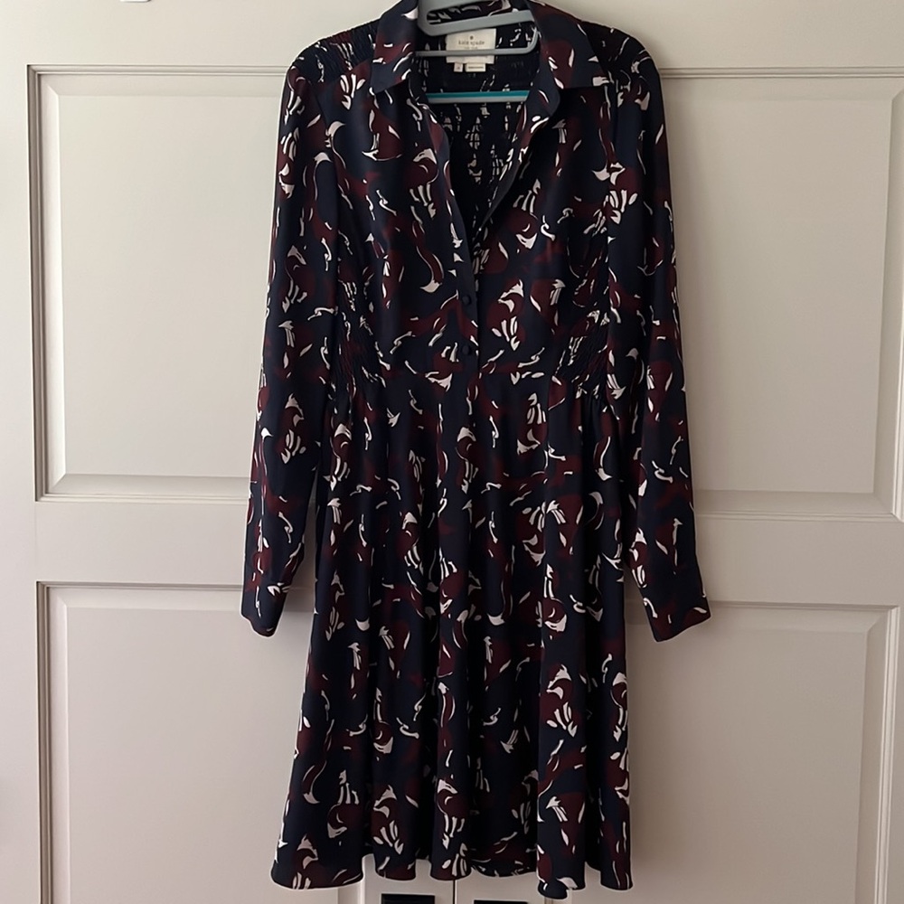 KATE SPADE Navy Smocked Fox Print Long Sleeve Pippa Middleton Shift Dress Sz 4 - Picture 5 of 16